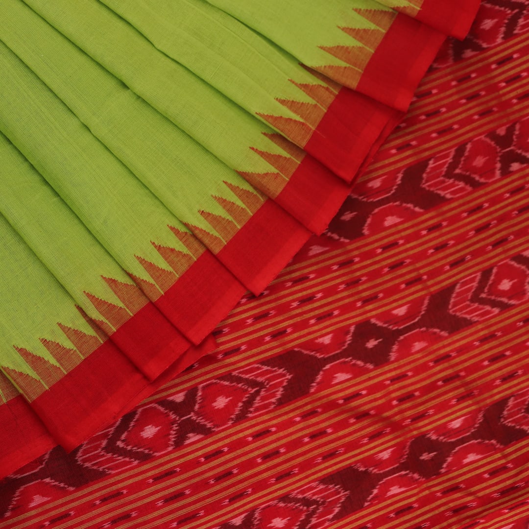 Full view of a plain green and red handloom Sambalpuri cotton saree.