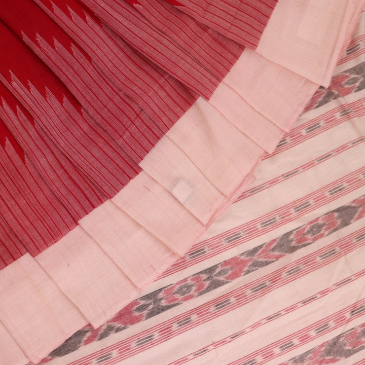 Full view of a plain red and white handloom Sambalpuri cotton saree.