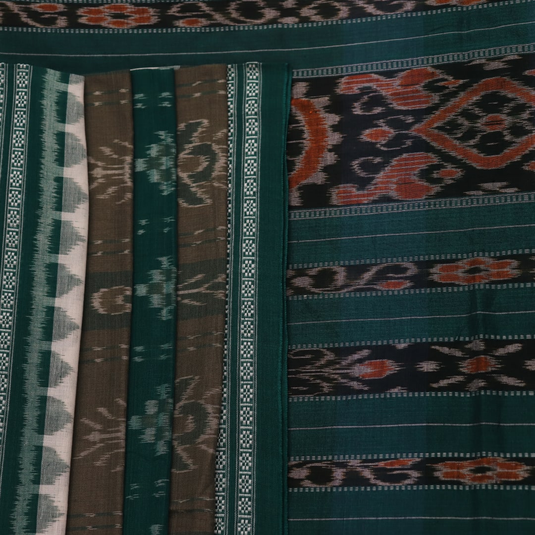 Green Sambalpuri cotton saree draped, showing styling and overall look of the handloom product.