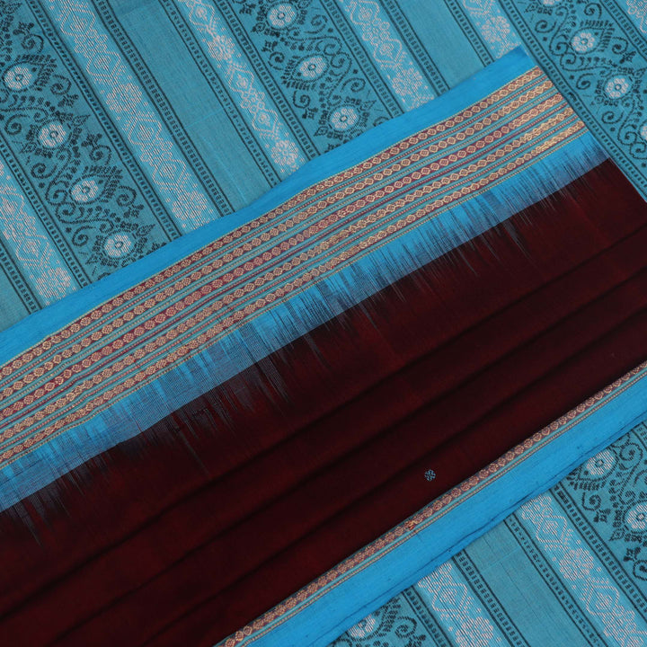 Full view of a maroon and blue Bomkai Cotton Saree with butta pattern.