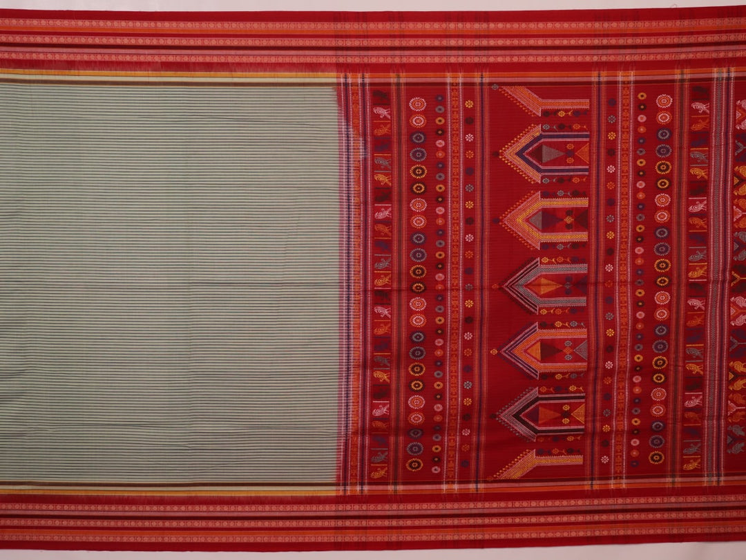 Full length view of a handloom grey and red striped Dolabedi cotton saree.