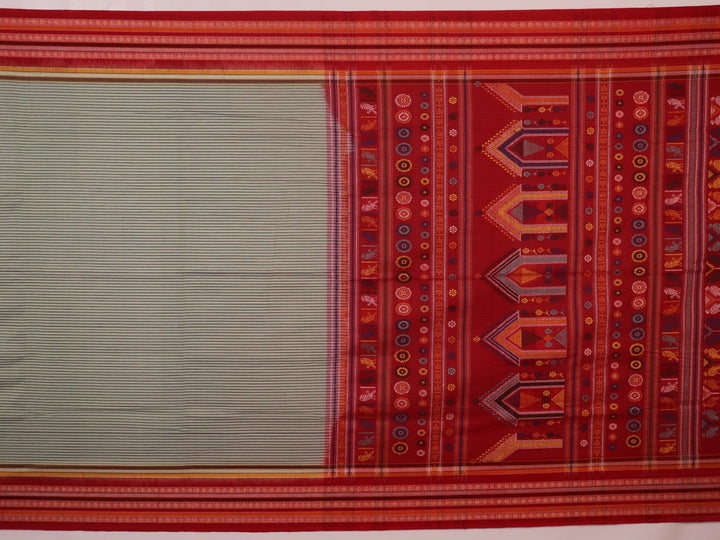 Full length view of a handloom grey and red striped Dolabedi cotton saree.