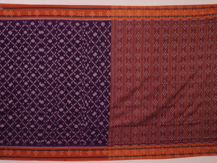 Violet & rust Sambalpuri cotton saree with motifs, elegantly draped.