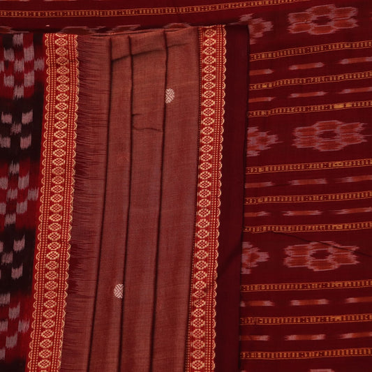Full-width view of a brown and maroon cotton Sambalpuri saree featuring a butta pattern