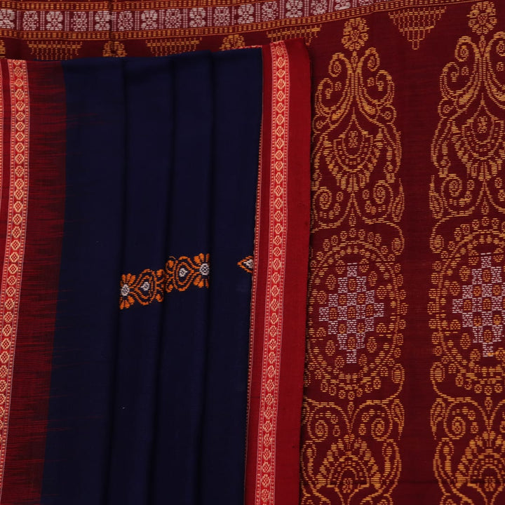 Full view of a blue and maroon Bomkai cotton saree with a butta pattern.
