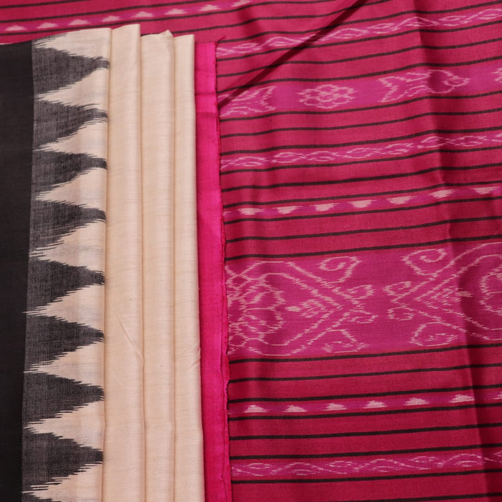 Close-up of plain white and black handloom Tussar Silk saree fabric texture.
