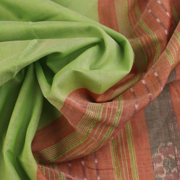 Full view of a plain green and brown Sambalpuri cotton saree.