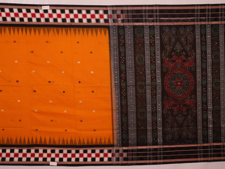 Full view of a yellow and black Sambalpuri cotton saree with butta pattern.