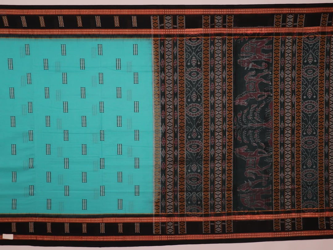 Full view of a green and black cotton Bomkai saree featuring traditional butta patterns