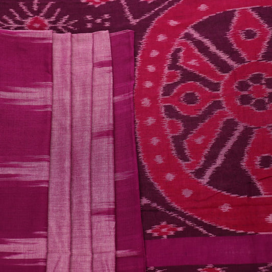 Plain pink and violet Sambalpuri cotton saree elegantly draped.