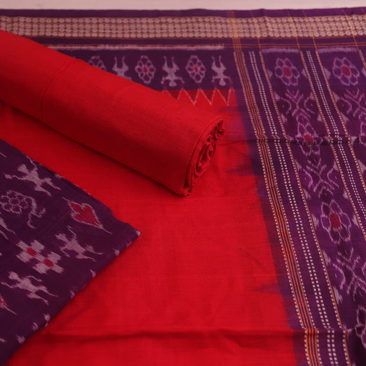 Detail of the violet and red Sambalpuri cotton dress material's blouse piece with motif patterns.