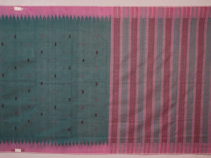 Full view of a plain handloom Sambalpuri cotton saree in green and peach.