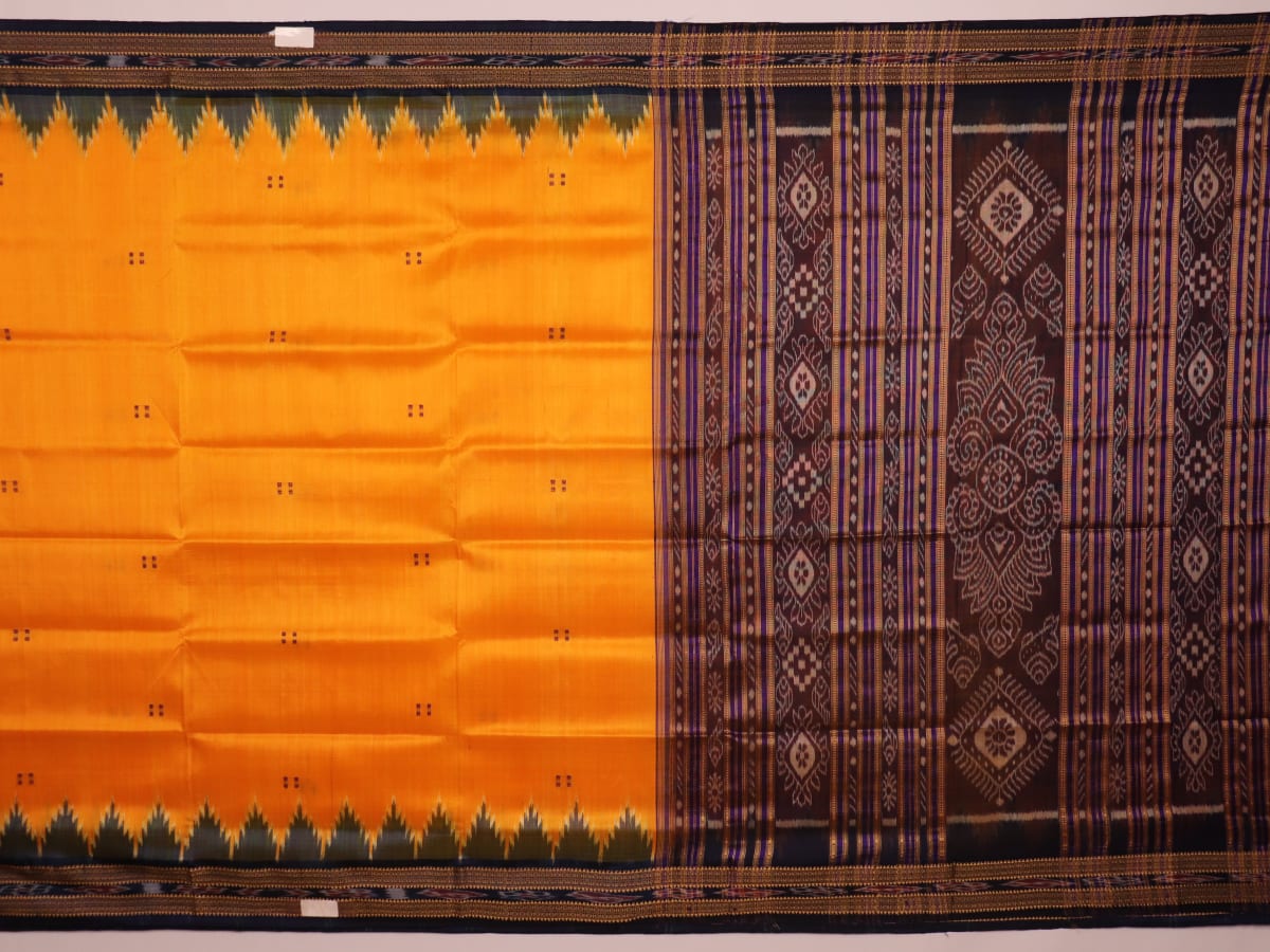 Fashionable Yellow and Blue Silk Khandua Saree with Butta Pattern and Elegant Draping Style