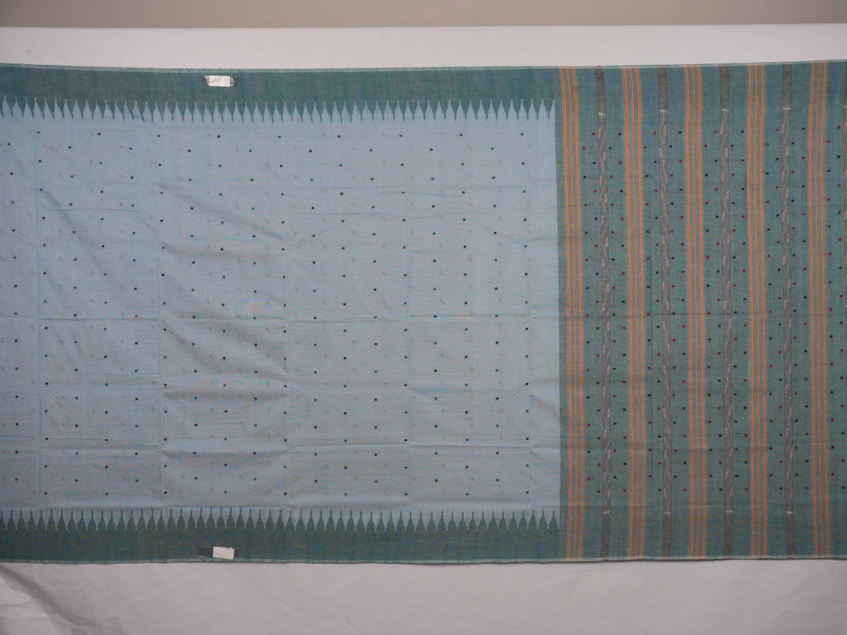 Full layout view of the blue and green Sambalpuri cotton saree showcasing the entire butta design