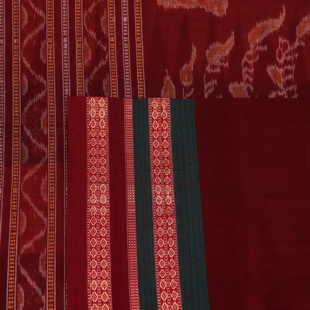 Full view of a yellow and maroon Bomkai cotton saree with butta pattern.