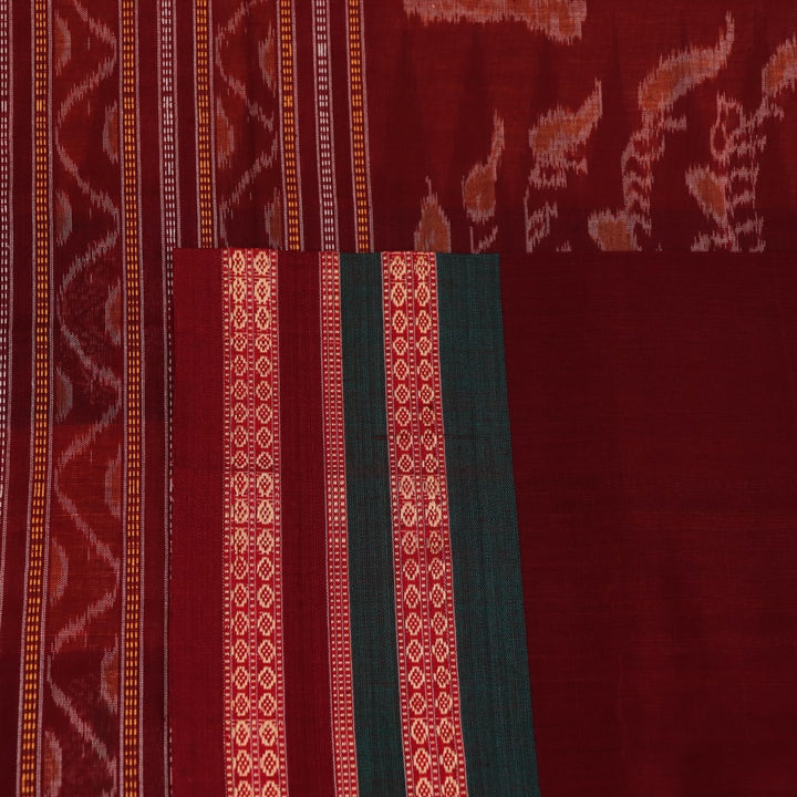 Full view of a yellow and maroon Bomkai cotton saree with butta pattern.