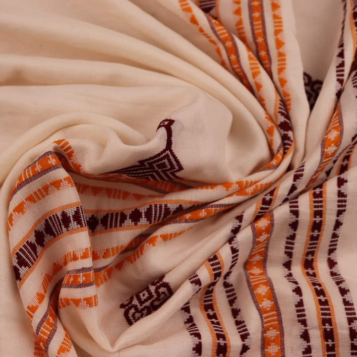 Full view of an exquisite cotton saree with intricate butta pattern in off-white and yellow.