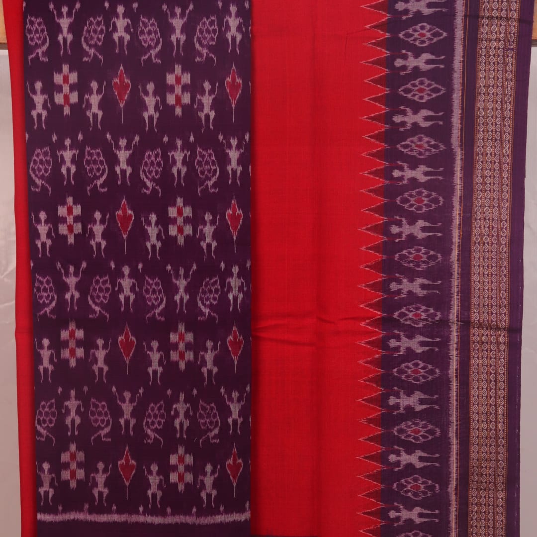 Detail of the violet and red Sambalpuri cotton dress material's blouse piece with motif patterns.