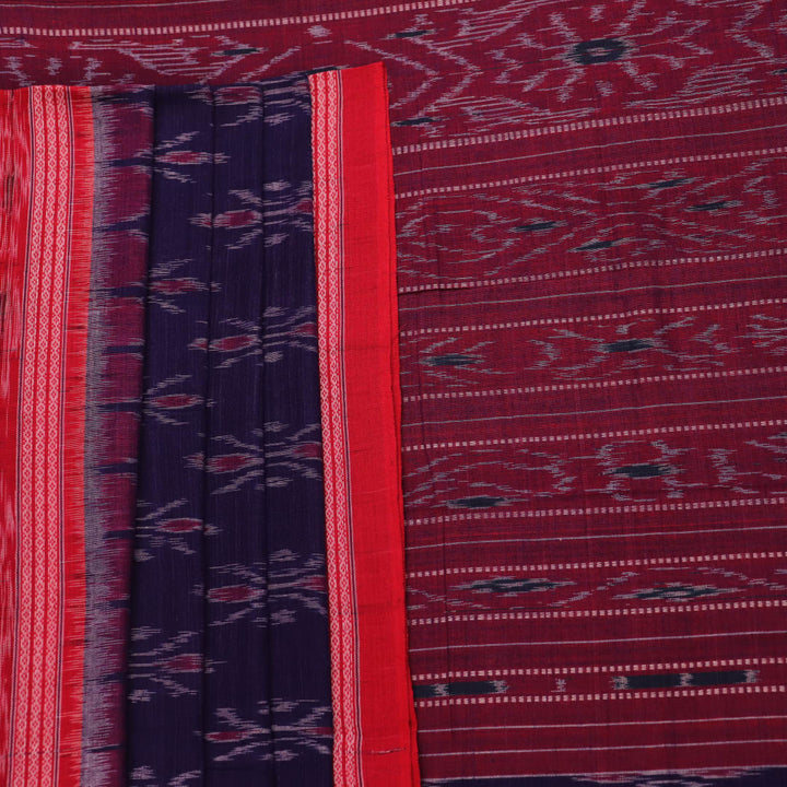 Blue Sambalpuri cotton saree draped, showcasing the overall styling and motifs.