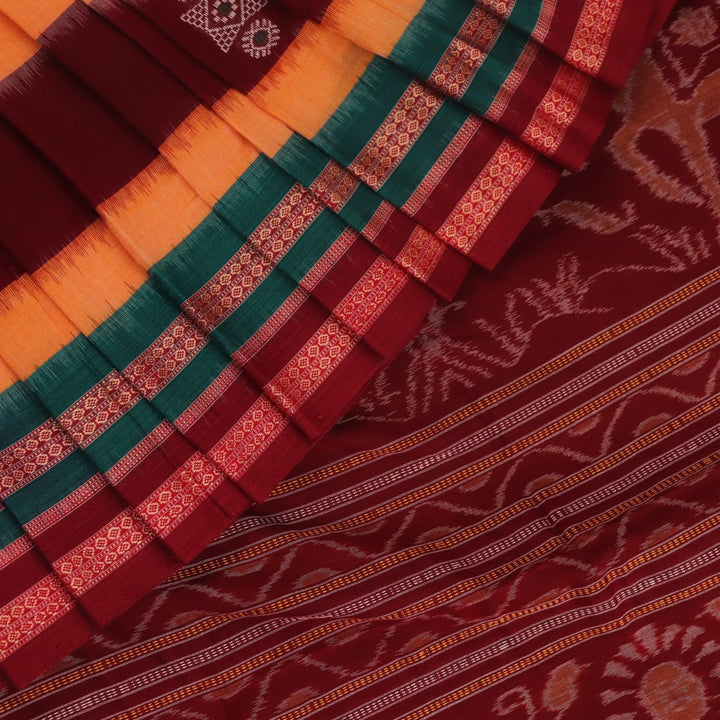 Full view of a yellow and maroon Bomkai cotton saree with butta pattern.