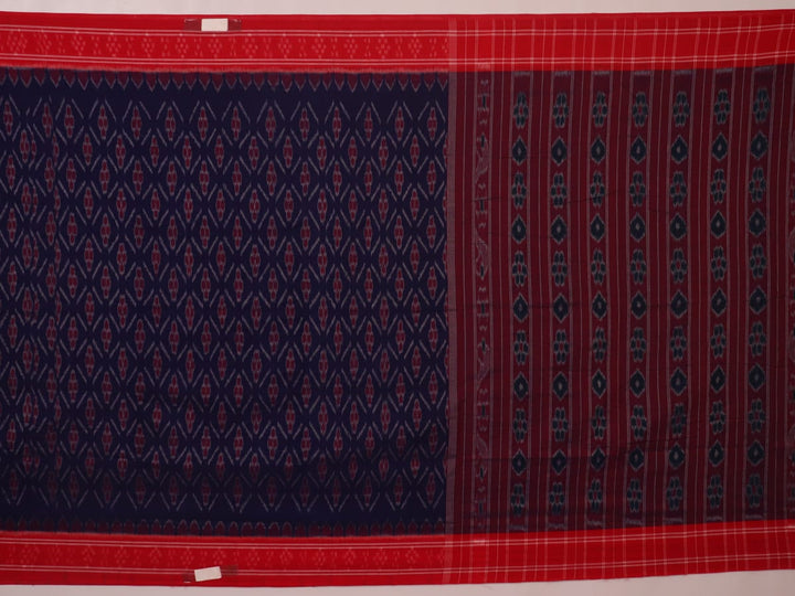 Gracefully draped blue Sambalpuri cotton saree with red motifs, highlighting its design and flow.