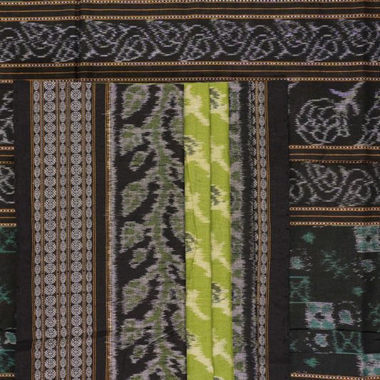 Full flat layout of the green and black Sambalpuri cotton saree with detailed motifs and pallu design