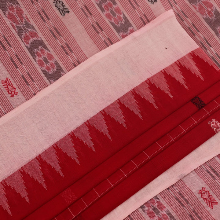 Full view of a red and white Sambalpuri cotton saree with all-over butta pattern.