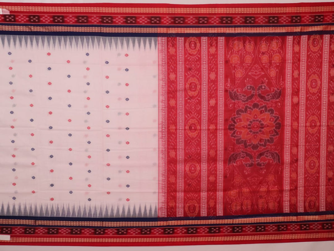 Full view of a white and red Sambalpuri cotton saree with butta pattern.