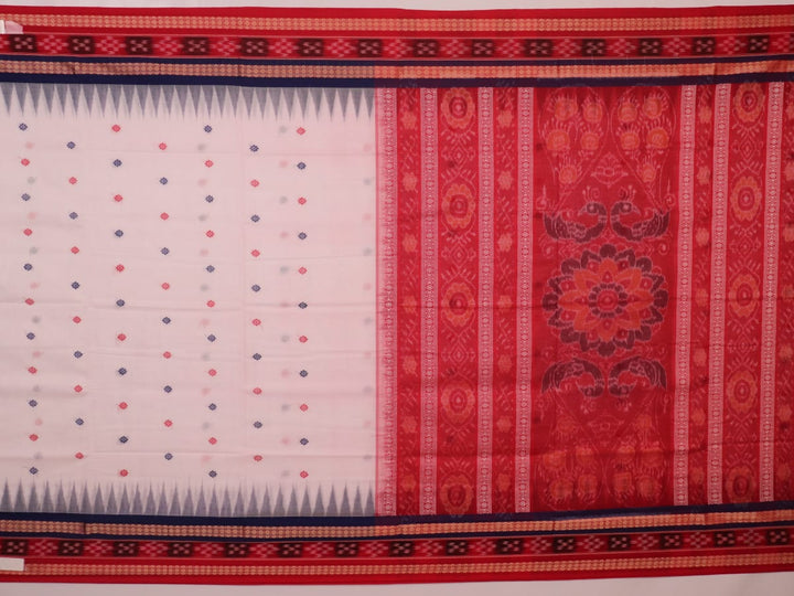 Full view of a white and red Sambalpuri cotton saree with butta pattern.