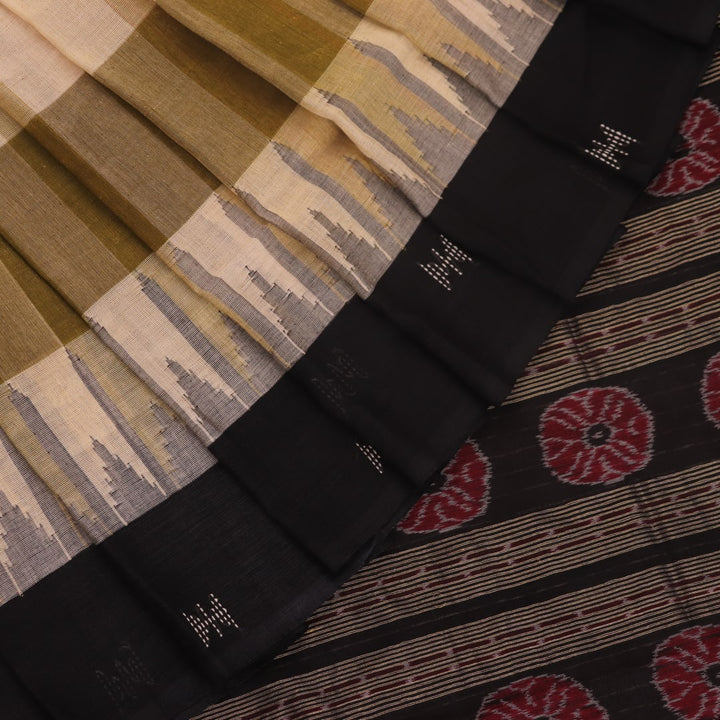 Full view of a handloom multi-color and black Sambalpuri cotton saree with motifs.