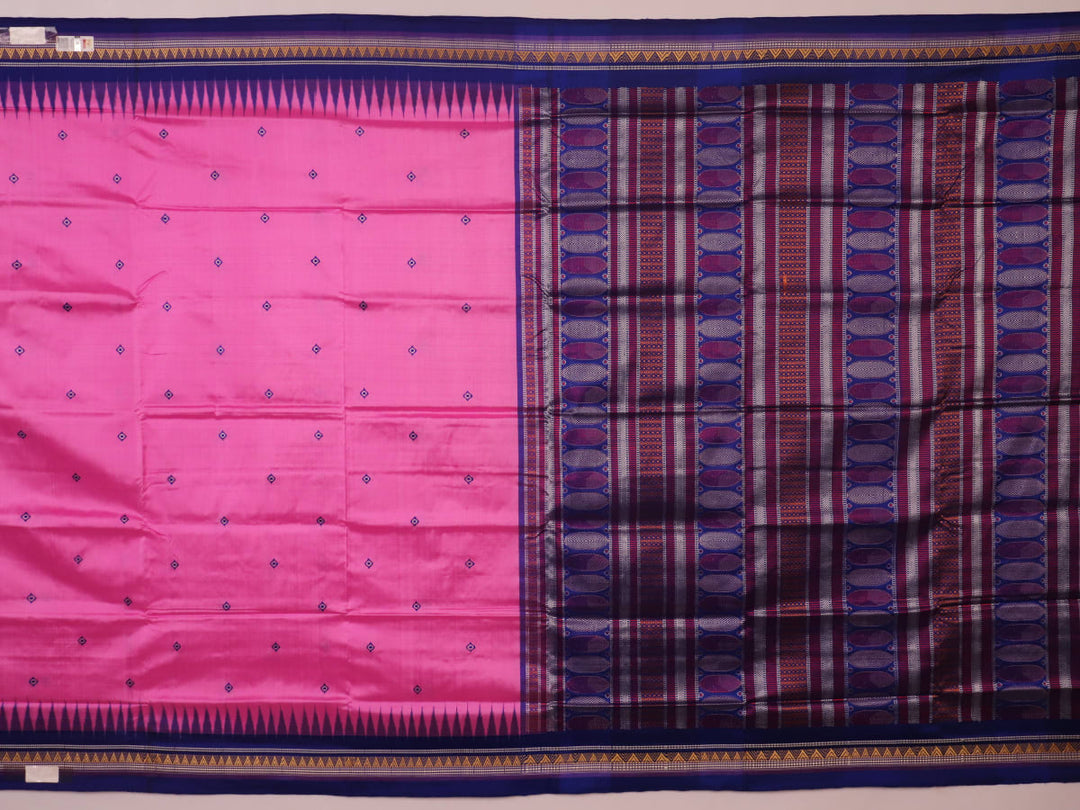 Close-up of pink and blue Dongria Silk Saree fabric texture with butta pattern.