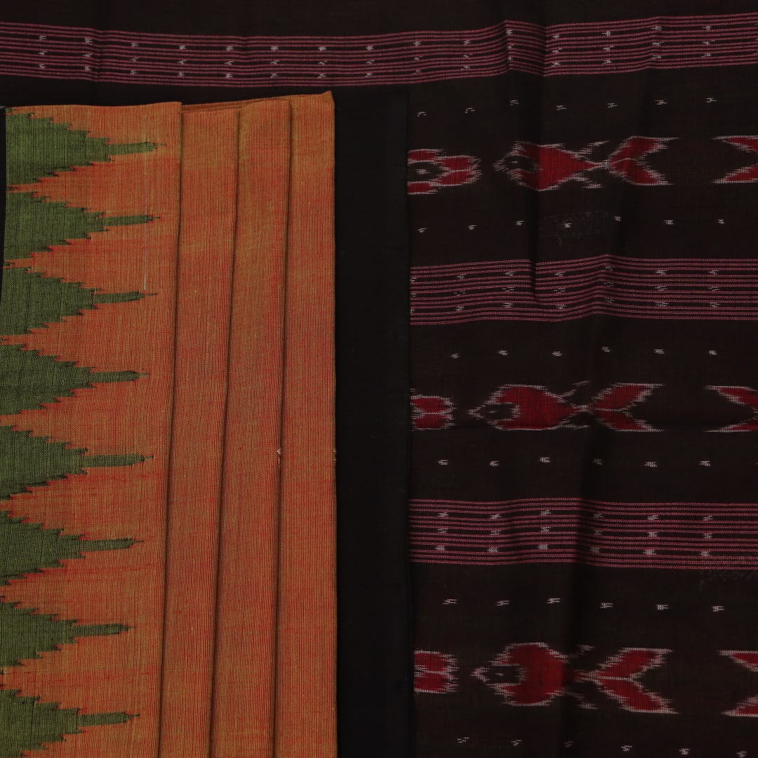 Full view of a multi-color and black Sambalpuri cotton saree with butta pattern.