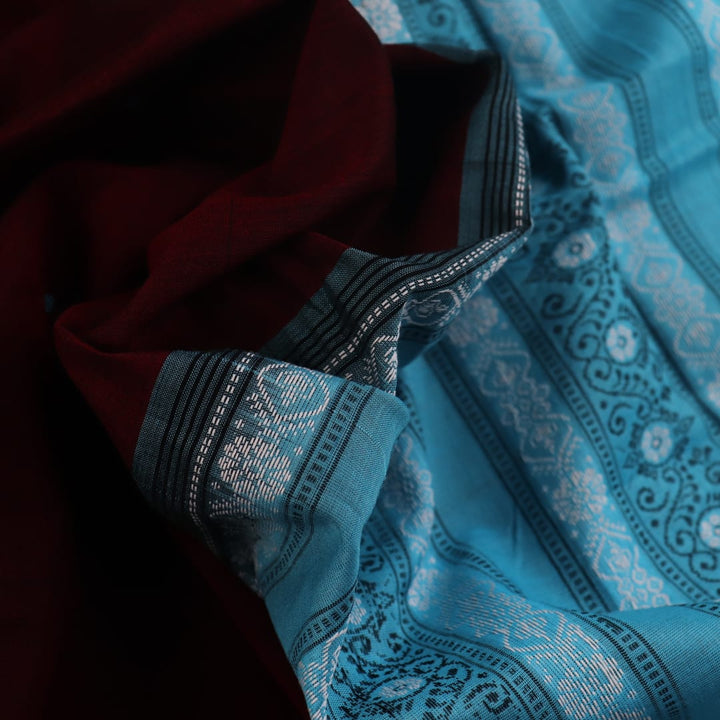 Full view of a maroon and blue Bomkai Cotton Saree with butta pattern.