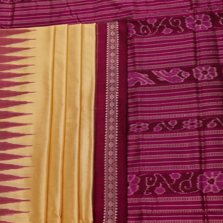 Close-up of plain cream and magenta Sambalpuri Silk Saree fabric texture.