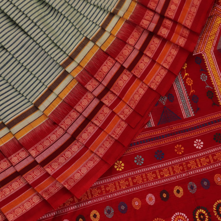 Full length view of a handloom grey and red striped Dolabedi cotton saree.