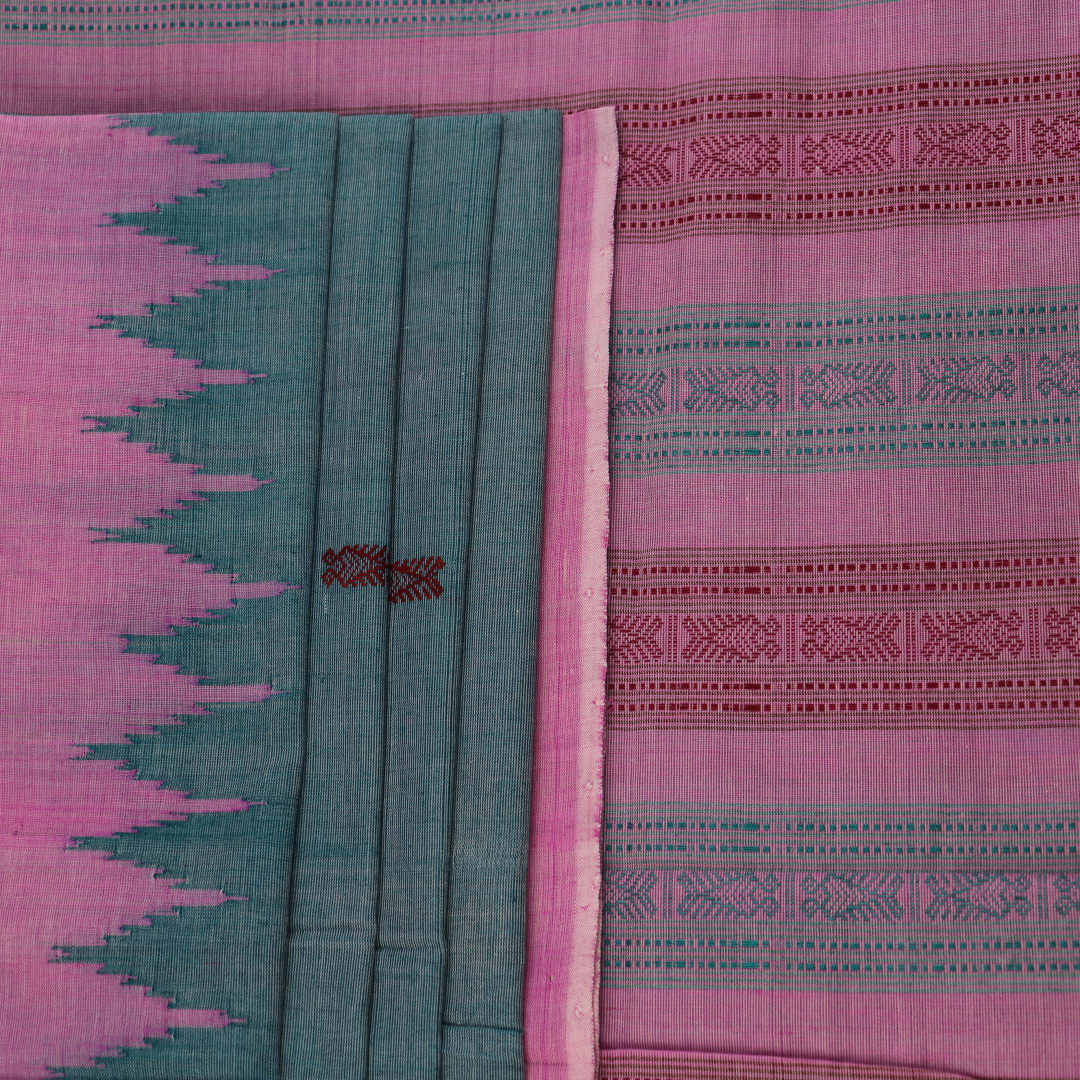 Full view of a plain handloom Sambalpuri cotton saree in green and peach.