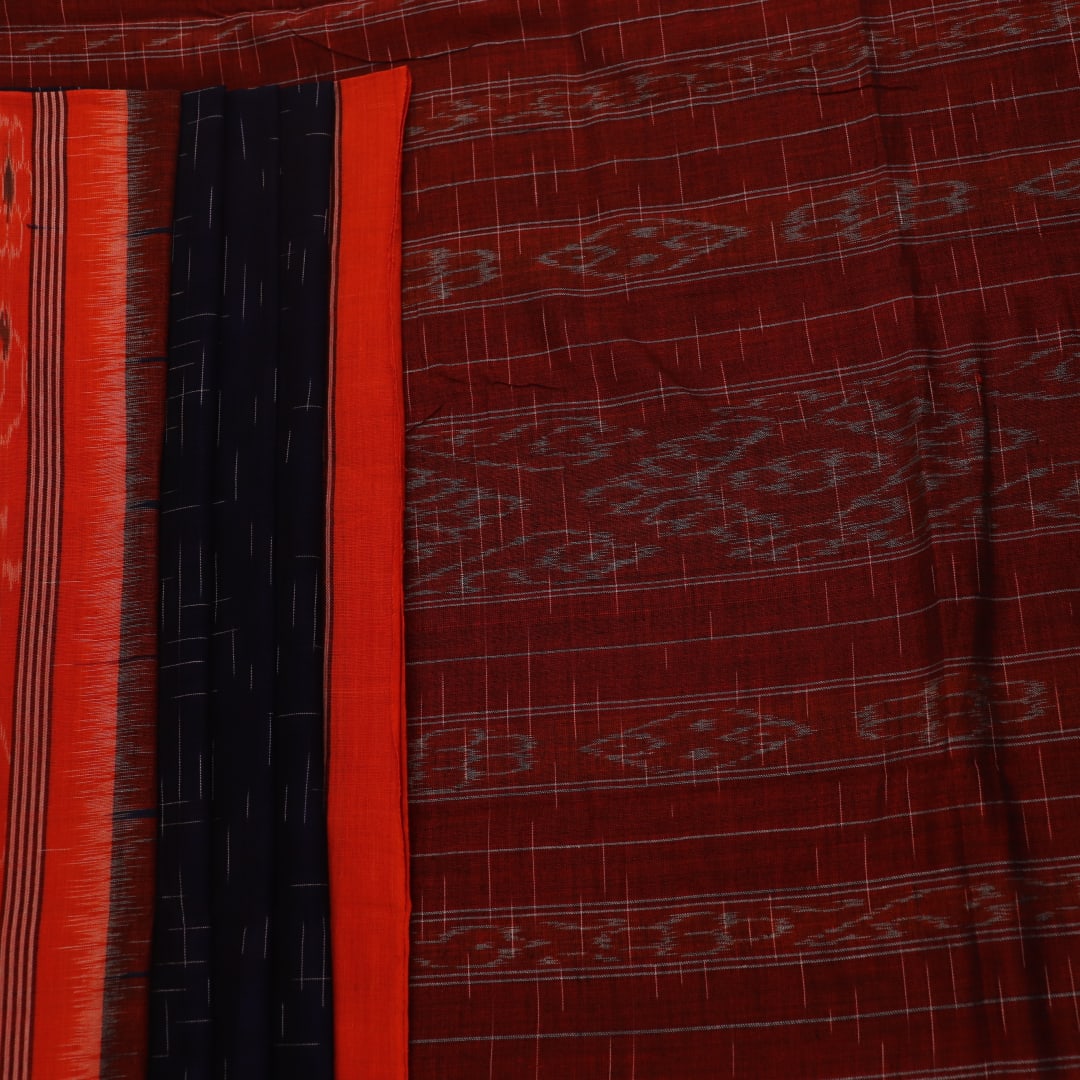 Styled plain blue and orange Sambalpuri cotton saree.
