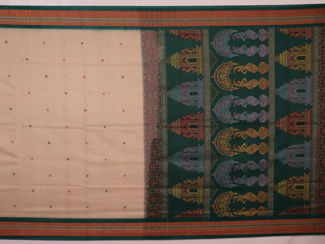 Full view of a cream and green cotton Bomkai Saree with butta pattern.