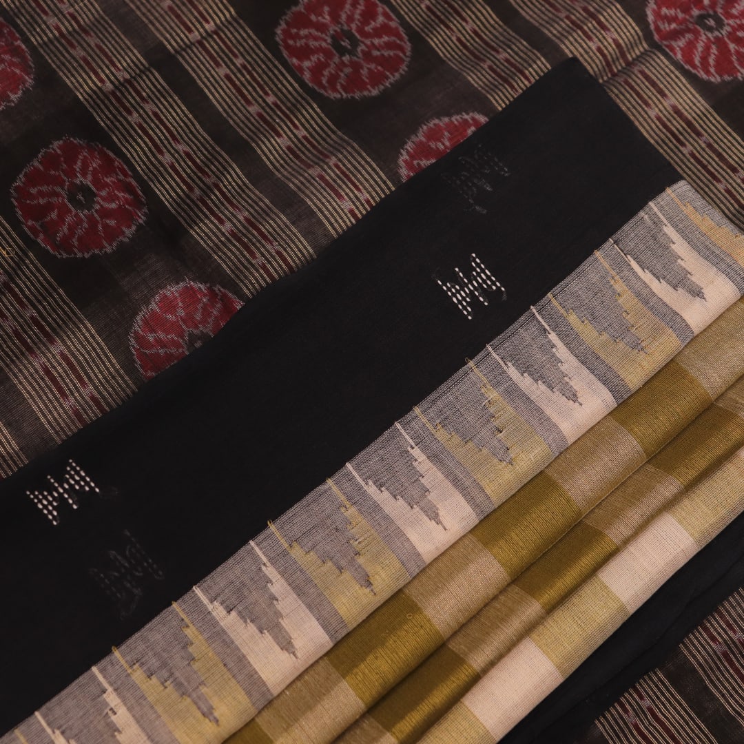 Full view of a handloom multi-color and black Sambalpuri cotton saree with motifs.