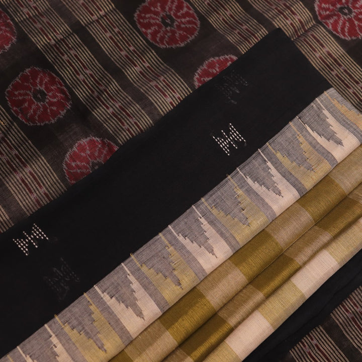 Full view of a handloom multi-color and black Sambalpuri cotton saree with motifs.