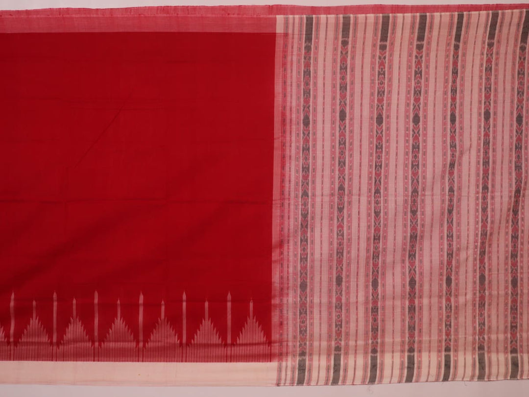 Full view of a plain red and white handloom Sambalpuri cotton saree.