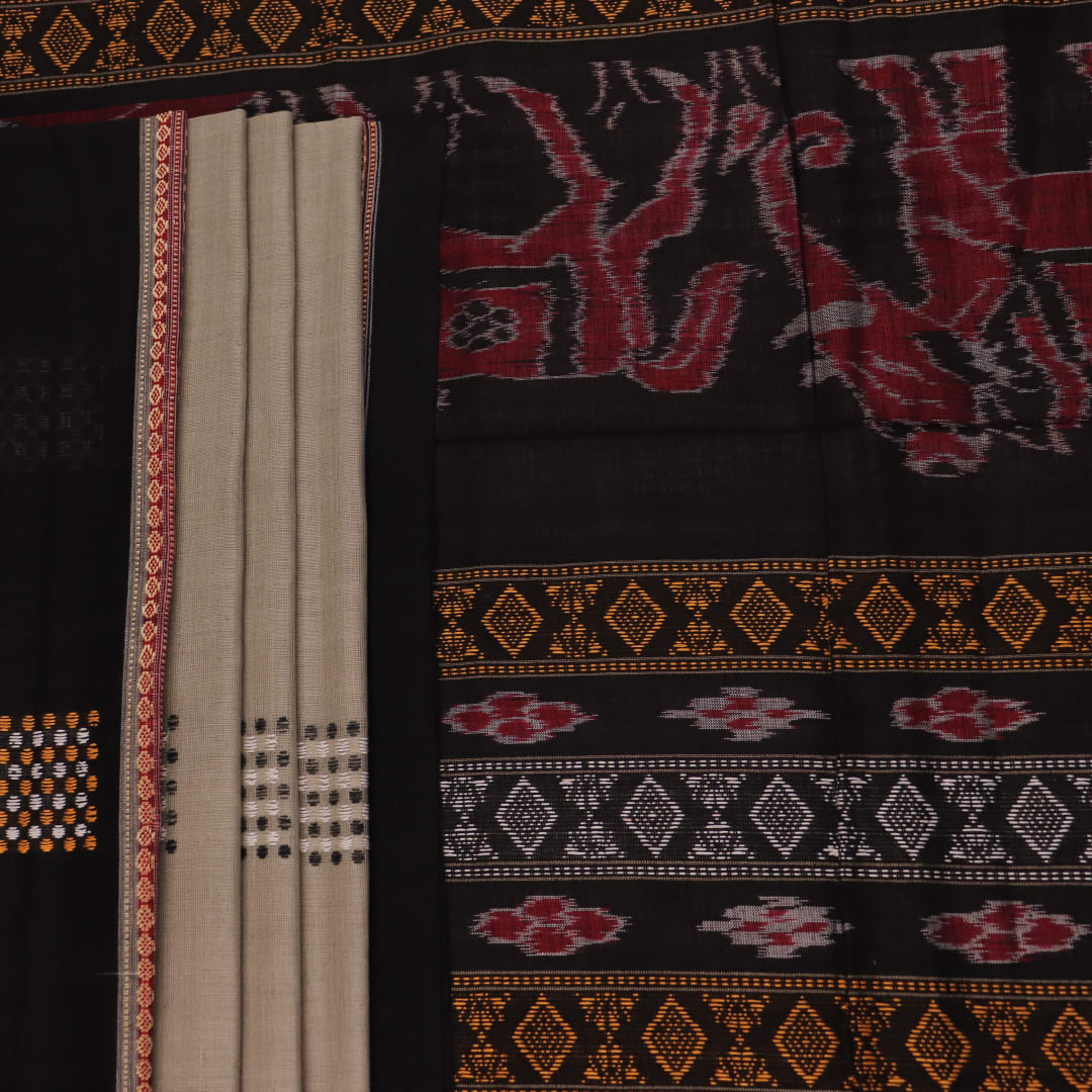 Full product view of a grey Bomkai cotton saree featuring black butta patterns.