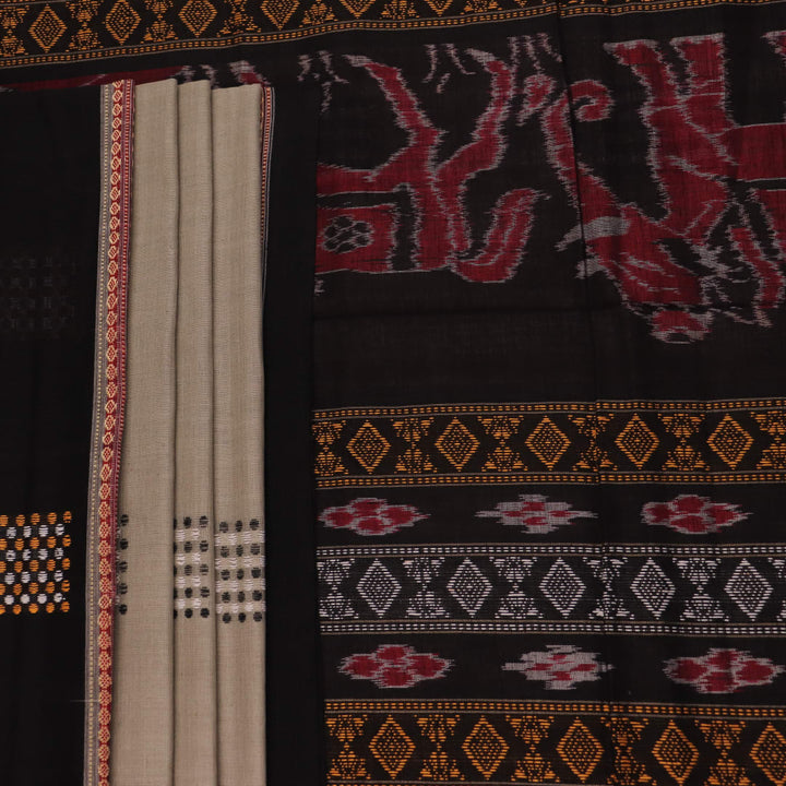 Full product view of a grey Bomkai cotton saree featuring black butta patterns.