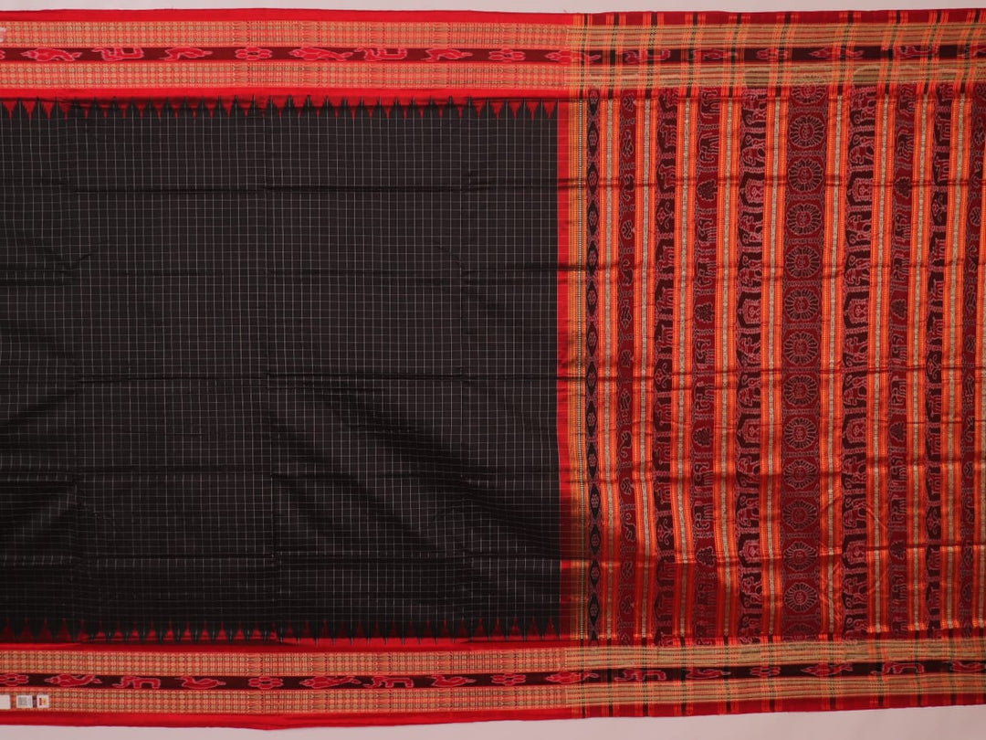 Close-up of black and red striped Sambalpuri silk saree's woven texture.