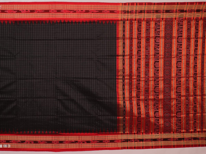 Close-up of black and red striped Sambalpuri silk saree's woven texture.