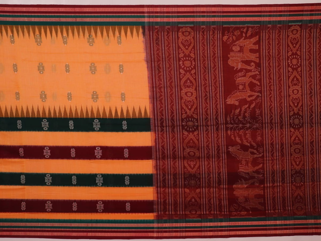 Full view of a yellow and maroon Bomkai cotton saree with butta pattern.