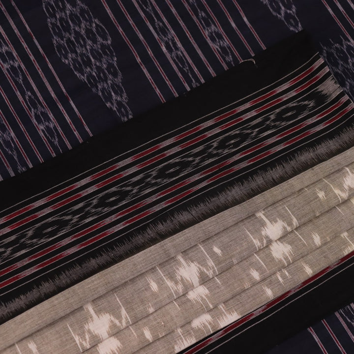 Styled Grey and Black Sambalpuri Cotton Saree with motifs, showcased draped.