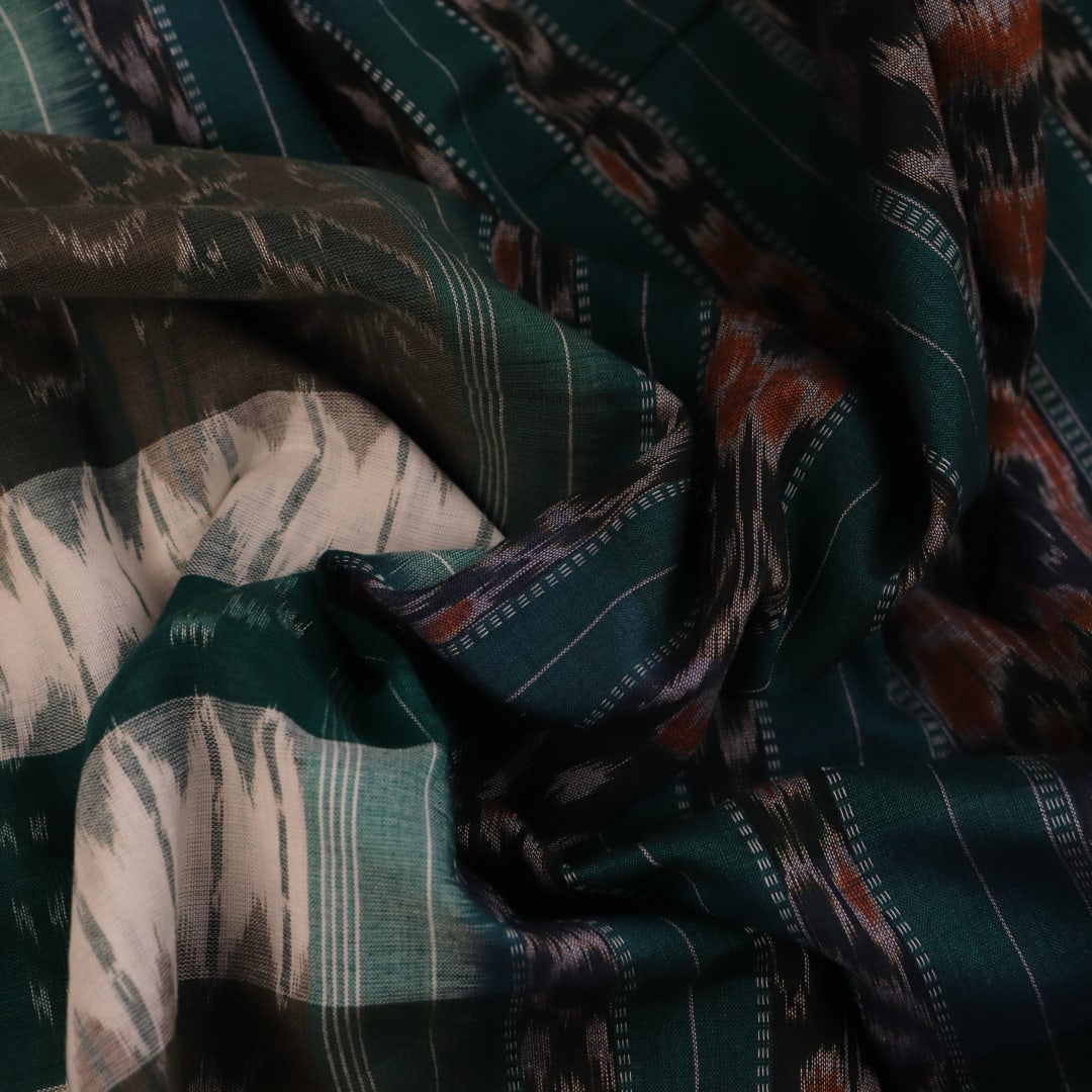 Green Sambalpuri cotton saree draped, showing styling and overall look of the handloom product.