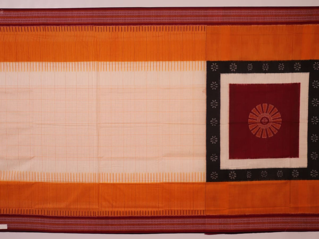 Full view of a striped Off-white and Maroon Sambalpuri Cotton Saree.