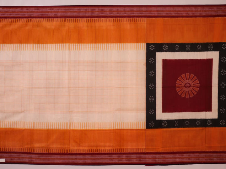 Full view of a striped Off-white and Maroon Sambalpuri Cotton Saree.